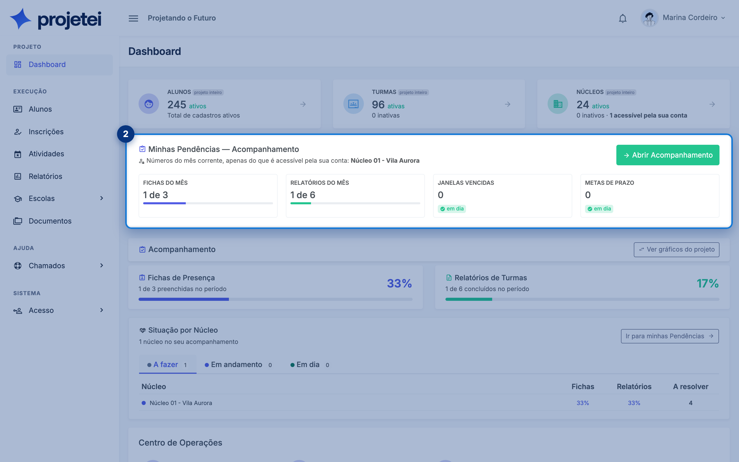 Tela do sistema com Minhas Pendências — Acompanhamento em destaque