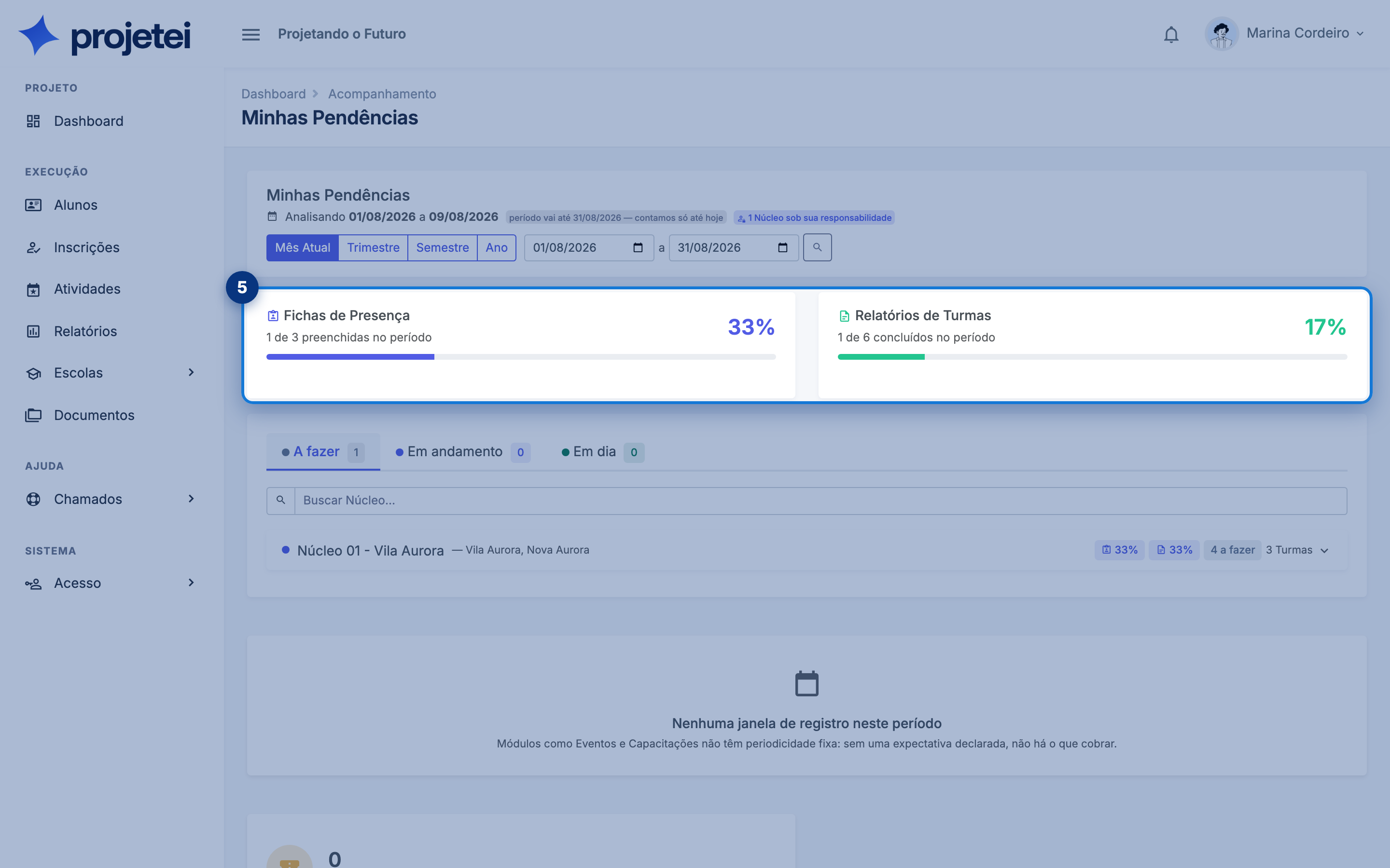 Tela do sistema com Fichas de Presença em destaque