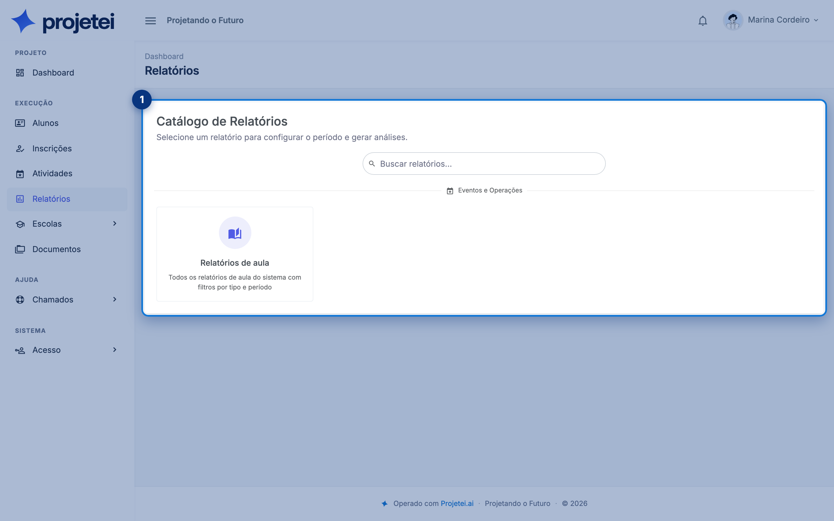 Tela do sistema com Relatórios em destaque