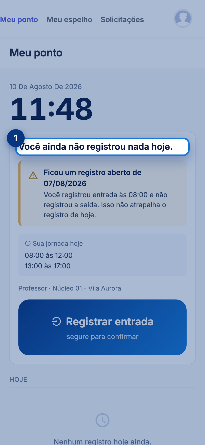 Tela do portal com Você ainda não registrou nada hoje em destaque