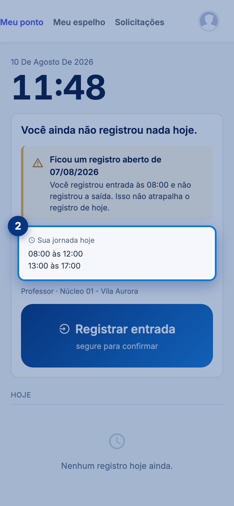 Tela do portal com Professor · Núcleo 01 - Vila Aurora em destaque