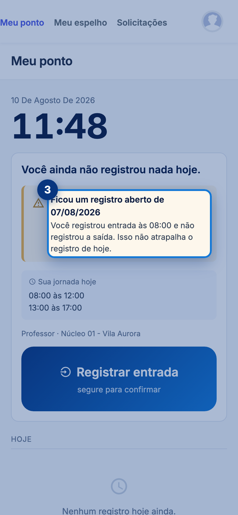 Tela do portal com Ficou um registro aberto de 07/08/2026 em destaque