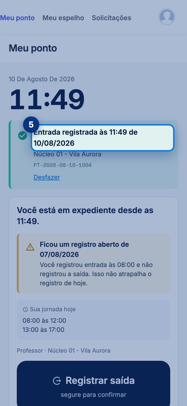 Tela do portal com Entrada registrada em destaque