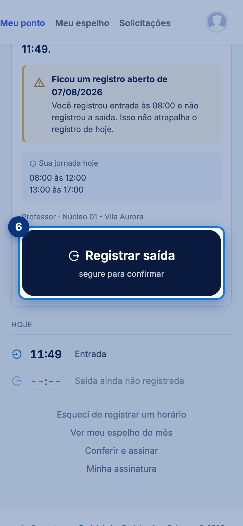Tela do portal com Registrar saída em destaque