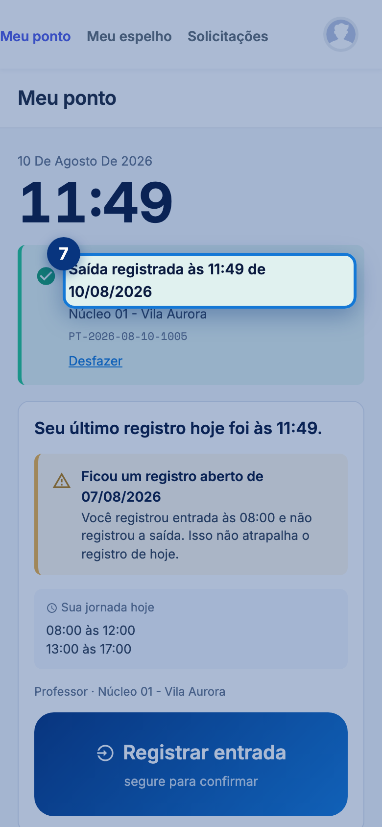 Tela do portal com Saída registrada em destaque