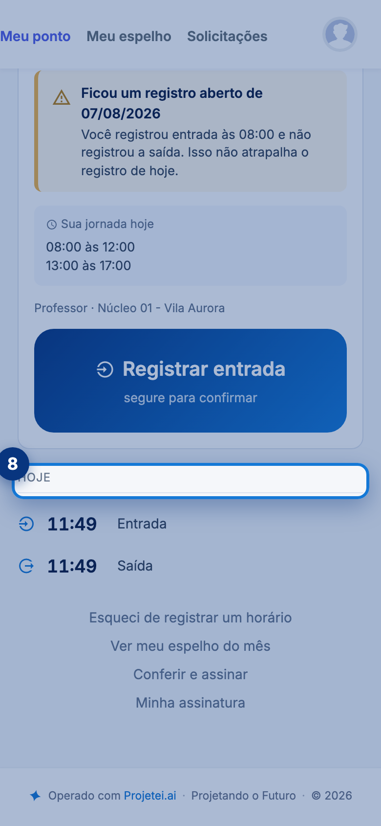 Tela do portal com HOJE em destaque
