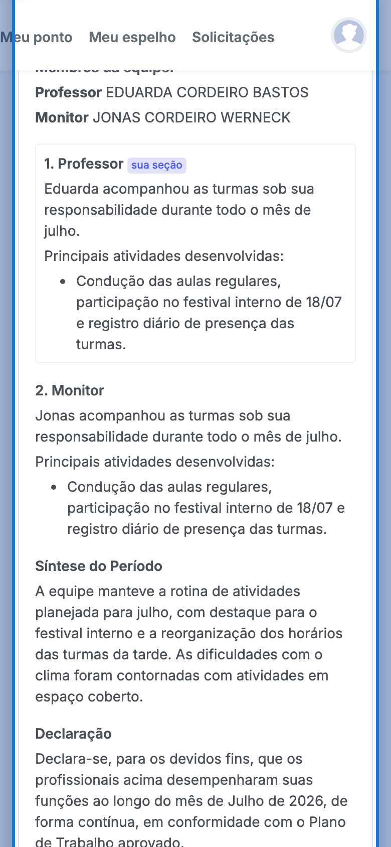 Tela do portal com Membros da equipe em destaque