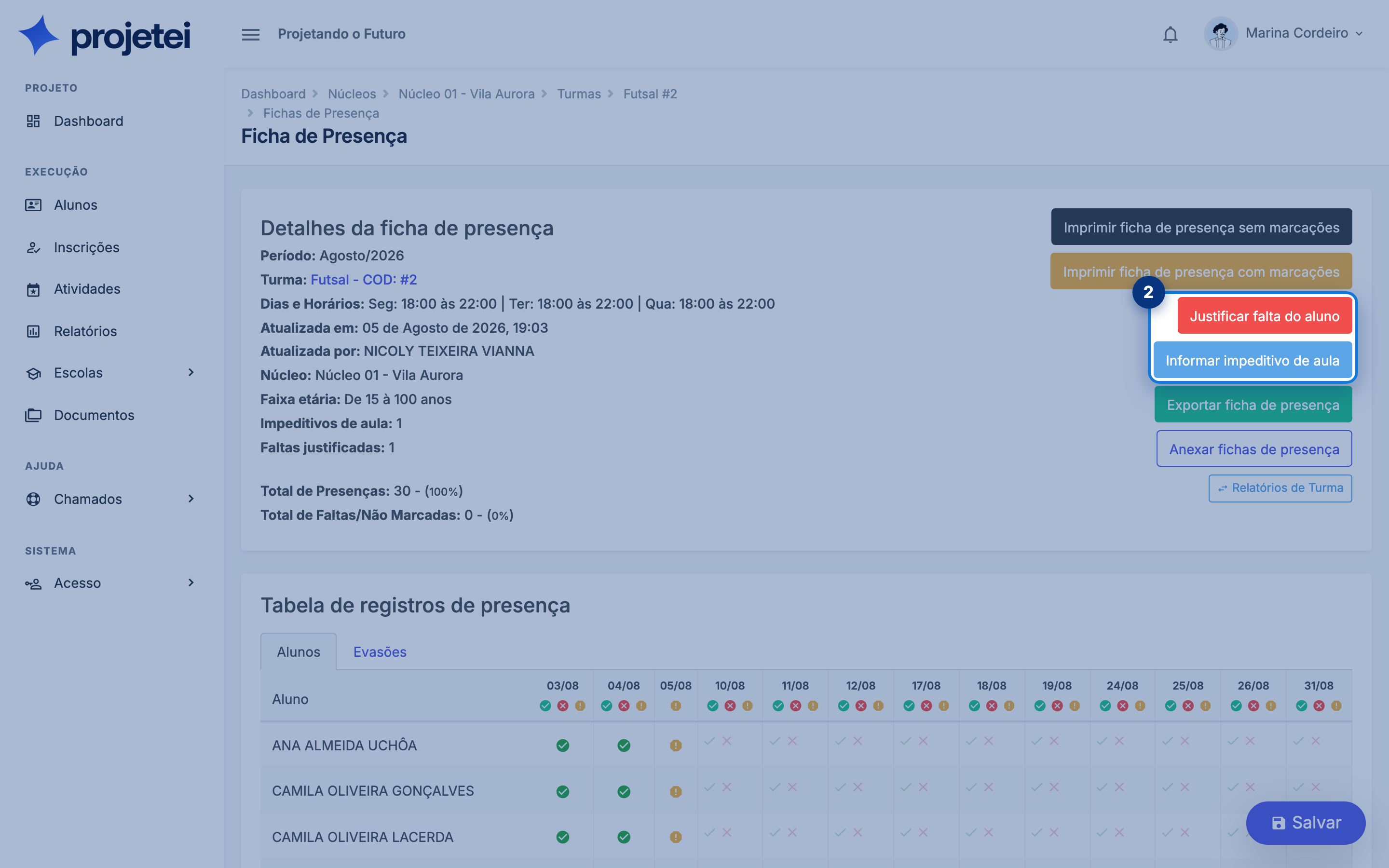 Tela do sistema com o ícone Justificar falta em destaque, ao passar o mouse na linha do aluno